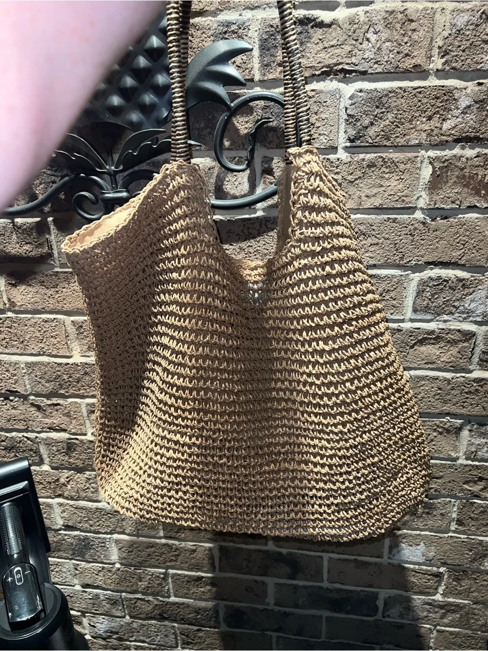 Woven Tan Straw Tote Bag with Double Handles